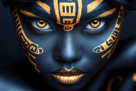 Unveil ancient mystique with this artwork Intricate gold and black face paint, adorned with mystical symbols, creates a timeless allure The detailed artistry highlights rich cultural expression, blending tradition and creativity Explore a world of deep history and symbolic wonder See more AI Generativeの素材