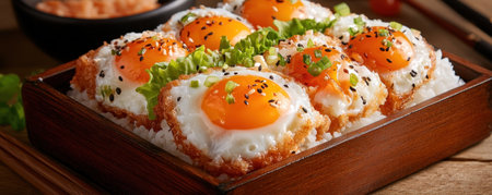 Indulge in this vibrant bento: fluffy rice, delicately seasoned egg, and six perfectly fried eggs nestled on white rice Garnished with black sesame seeds and fresh scallions, it's a visual feast and healthy Japanese dish Perfect for a delicious breakfast or meal AI Generativeの素材
