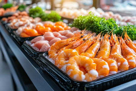 Discover a vibrant seafood stall committed to sustainability Fresh catches highlight responsible sourcing, with fishermen's eco-friendly practices and certifications clearly displayed This visually showcases high-quality, sustainable options, allowing consumers to make informed choices about their seafood AI Generativeの素材