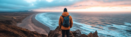 A lone traveler on a rugged cliff, silhouetted against a vibrant sunset, gazes at the boundless ocean This image embodies escape and inspiration, showcasing nature's beauty and the promise of exploration Witness this solitary moment of pure adventure, a potent reminder of the world's wonders AI Generativeの素材