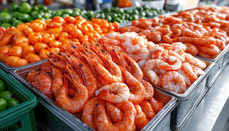 Explore a minimalist seafood market emphasizing sustainability Vibrant fresh produce and daily catches highlight responsible sourcing Experience "farm to table" with images of freshly caught shrimp and limes Support local, buy fresh, and contribute to a pure, simple culinary journey Discover market sustainability and the beauty of responsible seafood AI Generativeの素材