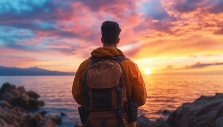 A lone adventurer, silhouetted against a vibrant sunset, gazes over a vast seascape Their orange jacket and backpack hint at exploration across rocky terrain Bright colors paint the sky, enhancing the dramatic coastal vista This image evokes freedom, a journey, and a sense of wonder by the boundless ocean AI Generativeの素材