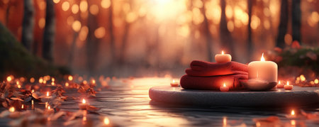 Find serenity in this top-down view of a massage setup, where towels and candles create harmony Observe the balanced massage technique within a serene forest, inviting relaxation and inner peace Discover holistic wellness through this image, inspiring your own self-care journey Experience radiant tranquility AI Generativeの素材