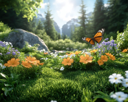 Immerse yourself in a vibrant meadow, where dew-kissed grass glistens under the morning sun Butterflies dance among vivid wildflowers, creating a serene and tranquil scene This idyllic landscape evokes peace and harmony, inviting you to explore its lush beauty and find tranquility The picturesque setting offers a natural escape AI Generativeの素材