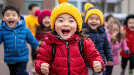 This vibrant image captures the pure joy of childhood, showcasing kids in colorful outfits chasing each other on a playground Frozen mid-motion, their laughter and energy are palpable, creating a scene of carefree happiness Perfect for depicting themes of playfulness and the beauty of childhood, it invites viewers to share AI Generativeの素材