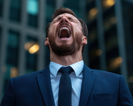 A businessman in a dark suit, mid-sneeze, face contorted, stands against a towering backdrop This candid shot captures a vulnerable moment during a presentation, blending the expected professionalism with an unpredictable, human element His sneeze highlights how reality intrudes even in the most corporate setting AI Generativeの素材