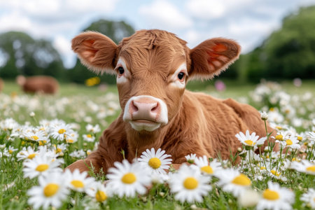 This peaceful image captures a cow resting in a daisy-filled field, alongside a young calf The idyllic pastoral scene blends nature's simplicity with tranquil beauty White wildflowers carpet the ground, creating a striking contrast with the cow, a symbol of calm farm life Perfect for nature lovers, this photo evokes AI Generativeの素材