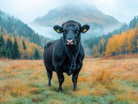 A lone cow stands serenely in a misty meadow, embodying rustic charm and natural beauty The tranquil scene evokes peace, showcasing the raw splendor of the countryside The cow, a symbol of calm resilience, is enveloped in soft, ethereal mist Natural light and muted tones blend seamlessly, creating a portrait AI Generativeの素材