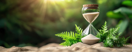 Witness time's graceful dance in this captivating hourglass image Fine sand trickles, embodying the ephemeral nature of moments against a natural green and sandy backdrop This artistic depiction beautifully illustrates time's passage, inviting reflection on life's fleeting seconds and the preciousness of each AI Generativeの素材