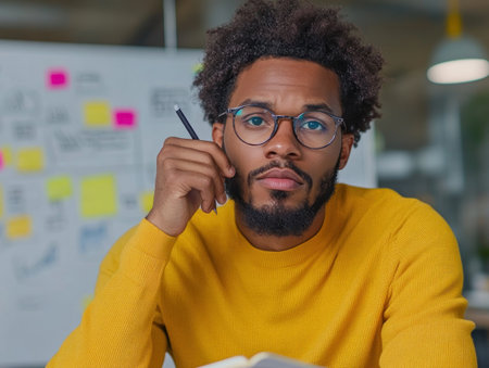 This image embodies brainstorming, depicting a man jotting notes alongside an idea-filled whiteboard It captures the synergy of individual thought and team collaboration, promoting creative problem-solving Perfect for blogs or presentations, the visual highlights inventive thinking and the power of teamwork to achieve shared goals AI Generativeの素材