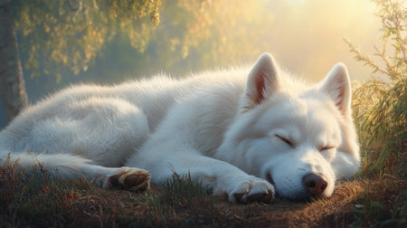 Immerse yourself in tranquility with a close-up of a sleeping dog Soft fur details gleam under warm natural light, highlighting the peaceful calm of its slumber This serene image captures a moment of pure rest, inviting viewers to share in the dog's contented tranquility A perfect portrayal of peaceful sleep AI Generativeの素材
