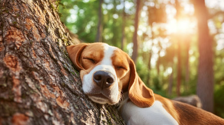 A sleepy beagle rests peacefully beneath a grand tree, eyes half-closed in blissful repose The rustic, natural setting amplifies the tranquility, perfectly capturing the dog's gentle, lazy nature Bathed in warm sunlight, this outdoor scene embodies pure relaxation, inviting you to share in the beagle's calming presence AI Generativeの素材