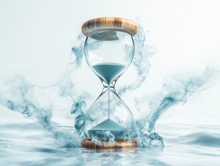 A blurred hourglass captures time's fleeting essence This visual metaphor explores temporality, highlighting the precious, ephemeral nature of our days It's a poetic reflection on time's passage, artfully rendered, showcasing life's transient character and its ephemeral beauty through photography AI Generativeの素材