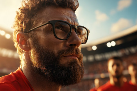 A soccer coach intensely strategizes with his animated players during halftime They focus on teamwork and coordination, adjusting tactics crucial to the game This scene highlights the dedication of athletes and coach, revealing their collaborative spirit and strategic depth The coach's determined expression underscores the importance of these in-game adjustments AI Generativeの素材