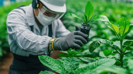 An engineer meticulously fine-tunes an agricultural robot in a research lab, merging engineering and agriculture for precision farming This innovative system optimizes resource use, enhancing yields and minimizing environmental impact The scene highlights next-gen farming where robotics and technology drive sustainable food production AI Generativeの素材
