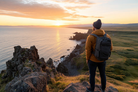Witness breathtaking golden hour coastal cliffs, where a summer traveler gazes at vast ocean vistas The serene yet dramatic scene, bathed in warm sunset hues, embodies natural beauty and wanderlust Ideal for travel blogs, destination promotions, and landscape enthusiasts, this image evokes peace and inspires exploration AI Generativeの素材