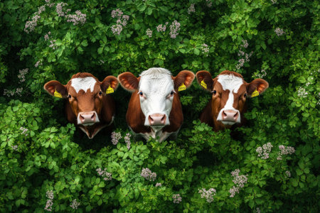 This artwork captures a serene pastoral scene of three brown and white cows nestled among vibrant wildflowers Lush green foliage and small purple blossoms partially conceal the animals, showcasing a harmonious blend of farm life and floral beauty The image evokes tranquility and the beauty of nature's embrace AI Generativeの素材