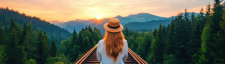 Embrace nomadic freedom and innovation as a travel journalist writing from a vintage railway cabin amidst stunning landscapes Discover remote work with breathtaking views, capture the beauty of the world, and share your adventures Inspire wanderlust in beautiful places, celebrating the digital nomad life with picturesque sunsets and cabin views AI Generativeの素材