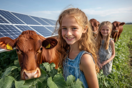 Witness the fusion of modern and pastoral: cows graze peacefully near solar panels, a testament to sustainable rural living This innovative concept integrates renewable energy with traditional farming, showcasing a symbiosis of agriculture and clean power It's a bucolic, eco-conscious vision, reflecting a commitment to a green future AI Generativeの素材