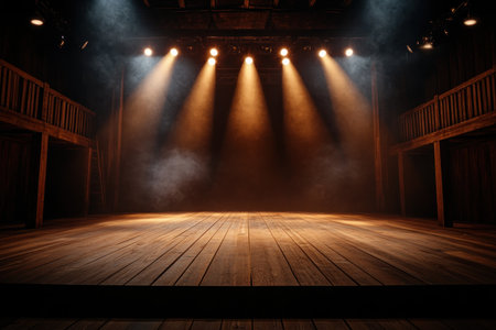 Experience the magic of a theater scene where dramatic shadows dance elegantly across the stage This breathtaking photograph captures the allure of stage elegance Witness the interplay of light and dark, crafting a captivating theatrical masterpiece Step into a world of dramatic performance with this stunning image AI Generativeの素材