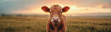 A single cow stands peacefully in a field, bathed in the soft, post-rain sunset glow No rainbow, just nature's gentle power and simplicity This golden hour scene captures the essence of rural life, a stunning portrayal of tranquility and beauty AI Generativeの素材