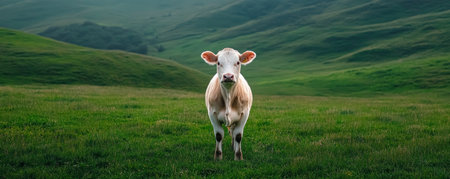 Immerse yourself in a minimalist scene: a lone cow graces a blank green field This serene image captures the essence of simple, natural living and rural beauty The cow, centered, embodies uncomplicated moments Experience the tranquility where nature's elegance meets the focused lens Find solace in this peaceful, quiet stillness AI Generativeの素材