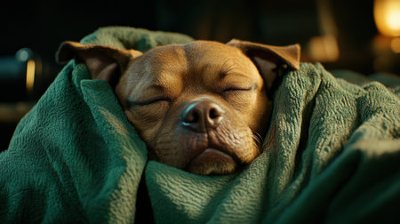 Experience pure tranquility with this image of a sleeping dog nestled under a soft blanket Muted tones highlight its gentle expression, capturing a moment of quiet joy and peaceful rest This scene, perfect for animal lovers, showcases the beauty of a content dog in slumber A restful scene, a beautiful AI Generativeの素材