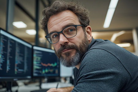 A focused individual meticulously records ideas in a notebook, surrounded by multiple monitors in a tech-driven workspace This scene embodies strategic analysis and innovation, highlighting detailed note-taking as part of high-level planning It captures the essence of tech and strategic thinking in a modern, dynamic environment AI Generativeの素材