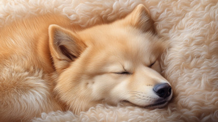 A close-up captures a sleeping dog's serene tranquility, soft fur details illuminated by gentle natural light The image radiates calm, showing the picture of pure contentment in the cute, relaxed animal This heartwarming scene embodies peaceful relaxation AI Generativeの素材