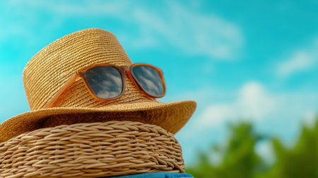 Embrace summer with our trendy collection! Oversized woven accessories pair perfectly with denim shorts Complete your look with stylish straw hats and chic sunglasses Under clear blue skies, discover must-have woven bags that elevate any outfit Enjoy the warmth in stylish accessories Shop now for your perfect summer fashion AI Generativeの素材