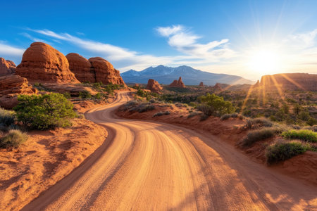 Venture into Arches National Park's stunning sandstone realm A lone traveler explores towering arches and deep canyons, capturing nature's raw, sculpted beauty Discover the magic where each turn reveals a new masterpiece of rock and light Experience an unforgettable summer adventure in this geological wonderland AI Generativeの素材