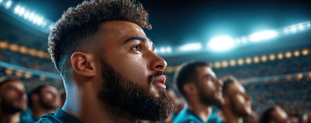 Immerse yourself in the electrifying atmosphere of a night stadium, where dynamic sports action unfolds before a captivated crowd Experience the intense visual aesthetics under bright stadium lights, as enthusiastic fans observe the competitive drama This image captures the raw energy and palpable excitement of live sport AI Generativeの素材