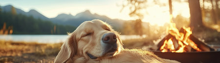 Escape to a serene woodland evening where a dog peacefully sleeps near a glowing fire pit The warm light casts a content ambiance, capturing the simple joy of nature and a cozy pet This charming scene offers a relaxing glimpse into a quiet fireside moment AI Generativeの素材