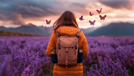 Witness a traveler's ethereal capture of a vibrant butterfly migration over a blooming meadow, a powerful symbol of summer's connection with nature Delicate butterflies dance in warm light, creating a breathtaking scene of freedom and wonder This visual ode celebrates the enchanting beauty of summertime AI Generativeの素材