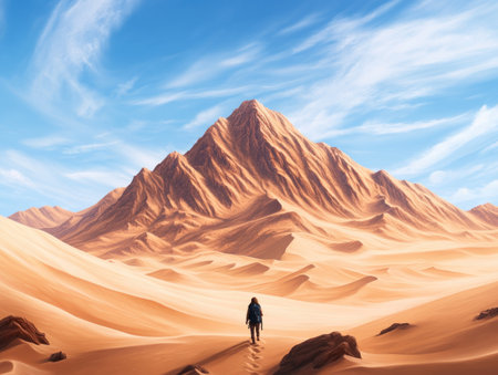 A lone traveler ascends golden dunes, her resilience mirroring the desert's power Towering peaks and vast skies frame this adventure, capturing the spirit of exploration Witness the serene yet powerful ambiance of the arid landscape This image invites you into the heart of nature's beauty, where endless possibilities await AI Generativeの素材