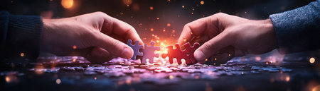 Two hands unite to assemble a glowing jigsaw puzzle, symbolizing collaborative teamwork and problem-solving This image highlights synergy and strategic thinking, demonstrating the power of cooperation to achieve common goals It's a visual testament to how working together fosters innovation and drives success AI Generativeの素材