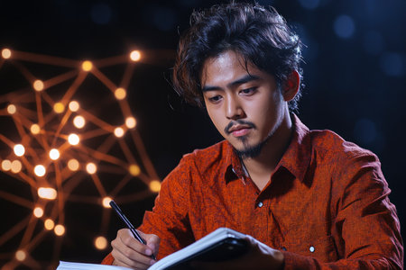 A man writes in a notebook, enveloped by vibrant geometric patterns, symbolizing dynamic creativity This image blends art and intellect, showcasing human potential and innovative thought Perfect for projects that fuse design with innovation, it's a testament to the power of creative expression through thoughtful composition and pattern AI Generativeの素材