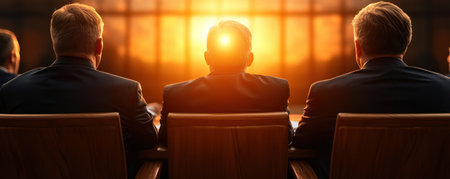 Corporate leaders, sharply dressed, strategize in a bright, modern hub, demonstrating unified, visionary teamwork Focused on business planning, they exemplify efficient, collaborative leadership as they coordinate global strategies Backlit by the sun, they work towards future growth and success in a professional setting AI Generativeの素材
