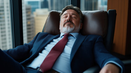 A businessman, suited and tied, leans back in his chair, a stressed expression marking the toll of illness Against a city skyline, this photograph captures vulnerability; eyes closed, he embodies exhaustion and overwhelm The image poignantly highlights the strain of work and illness on professionals, offering a visually impactful moment AI Generativeの素材