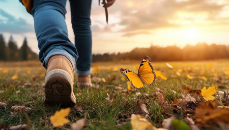A vibrant butterfly migration dances over a golden meadow, witnessed by a traveler embracing summer's magic Joy and freedom radiate from this scenic walk, as butterflies flutter, creating a delightful, colorful spectacle This moment embodies the season's warmth and beauty, a true celebration of nature's wonders AI Generativeの素材