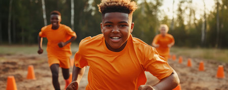Dedicated soccer players sprint through a cone-lined field, their passion palpable in this intense training session Each athlete demonstrates commitment and discipline, honing their skills and fitness The image captures the relentless practice essential for peak performance and achieving team goals in soccer AI Generativeの素材