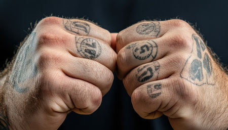 A close-up reveals tattooed hands tightly clenched, set against a blurred backdrop The subject, wearing a dark shirt, isn't engaged in fitness activities or measurements No athletic equipment is present This image is focused on the hands and their tense grip, not fitness metrics or training AI Generativeの素材