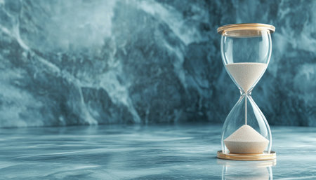 This minimalist hourglass, set against a textured backdrop, embodies timeless elegance and the ephemeral nature of time Its delicate glass curves and finely crafted frame create a compelling visual, perfect for designs reflecting on patience, reflection, and the gentle passage of hours Simplicity meets depth in this evocative symbol AI Generativeの素材