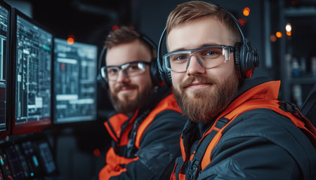 Two engineers at a high-tech workstation demonstrate seamless teamwork, synchronizing tasks with precision and efficiency Their interactive process, using advanced tools, highlights technical harmony This synchronized workflow showcases effective team coordination and a united front in a modern technical setting, achieving a common objective AI Generativeの素材