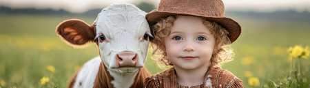 In a vibrant pasture, a cow and calf share a tender moment of nurture A child in a brown hat joins the scene, embodying rural innocence This snapshot captures the harmony of farm life, showcasing the gentle friendship between youth and nature, a unique depiction of pastoral beauty AI Generativeの素材