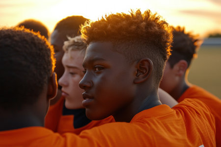 A soccer team huddles, radiating powerful enthusiasm and determination Bathed in golden sunlight, their unity is palpable, showcasing teamwork and strong bonds Energy surges as they prepare, their shared passion and motivation inspiring This pack is ready; their collective strength is undeniable AI Generativeの素材