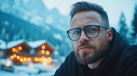 Experience stunning remote work: A graphic designer crafts visuals from a cozy Alps coffee shop Witness the blend of adventure and productivity, digital nomadism in a breathtaking mountain setting See design brilliance meet location freedom, capturing nature's beauty Inspiring remote work with snowy peaks and warm light AI Generativeの素材