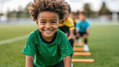Young soccer players energetically train with agility ladders on a bright green field Focused expressions reveal their dedication and positive teamwork during drills This scene highlights fitness, athletic skill development, and team camaraderie as they learn and play together, enhancing skills through joyful collaboration AI Generativeの素材