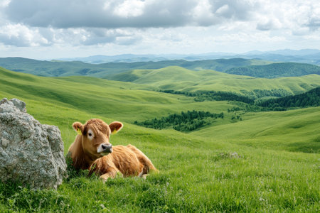 Experience serene beauty in this minimalist scene: a young calf rests peacefully under a cloudy, open sky, amidst rolling green hills Symbolizing freedom and rural elegance, its tranquil simplicity evokes calm and a connection with nature A lone rock provides subtle contrast, completing this bucolic landscape AI Generativeの素材