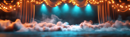 A smoky stage unveils a layered spectacle as curtains cascade, revealing a mysterious scene The theatrical drama unfolds, promising intrigue The multi-layered design adds depth, enhancing the allure of the theater Experience the captivating atmosphere of a stage set for mystery AI Generativeの素材